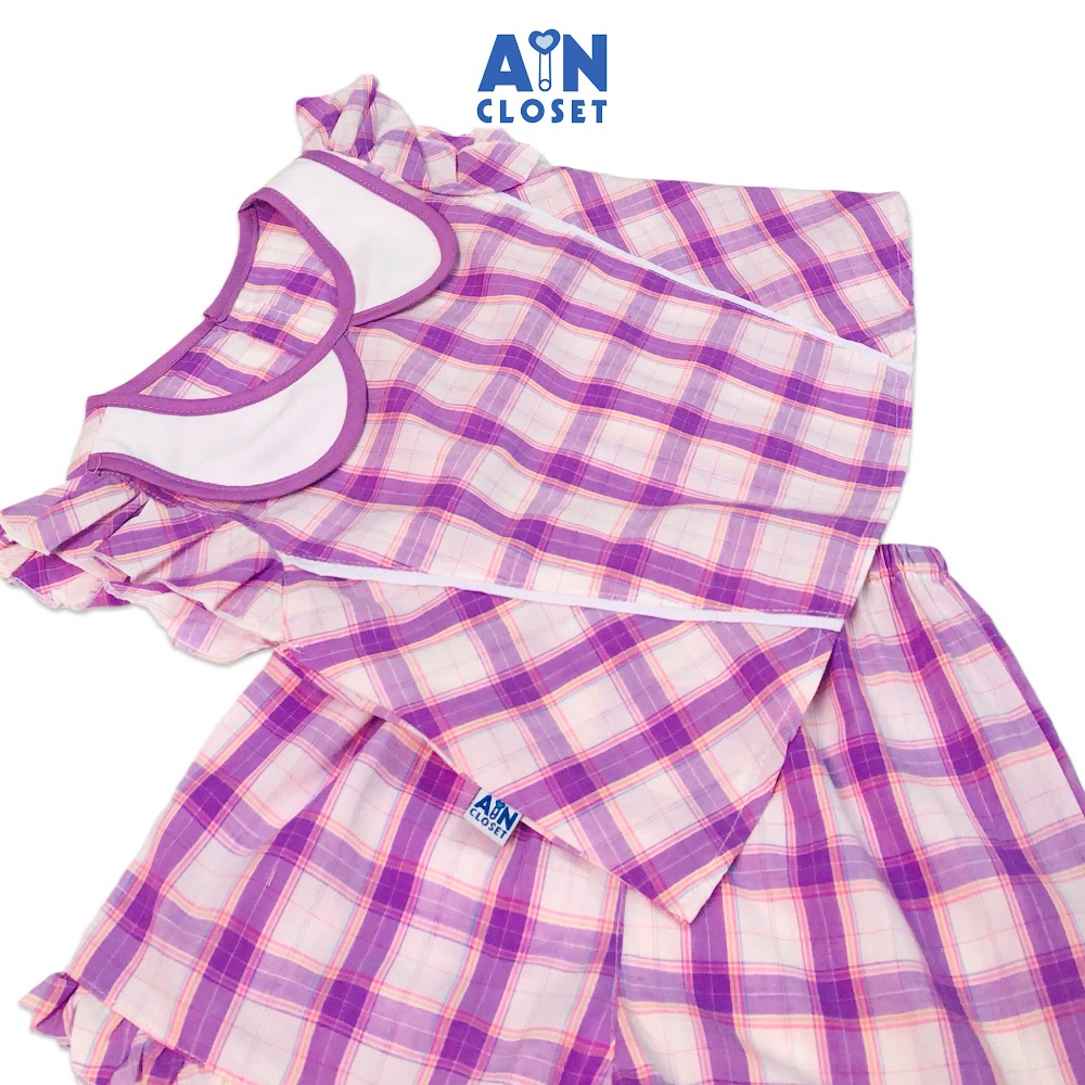Bộ quần áo ngắn bé gái họa tiết Caro tím trắng cotton - AICDBGRZQ5DV - AIN Closet