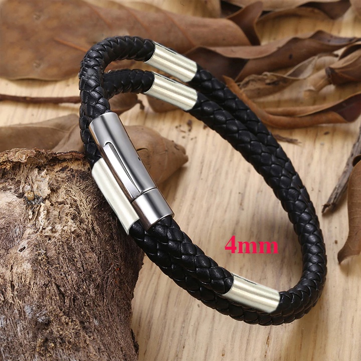 Vòng tay nam dây da cao cấp 2 tầng bọc 4 khoen trơn inox tạo nên đẳng cấp phong độ cho người đeo