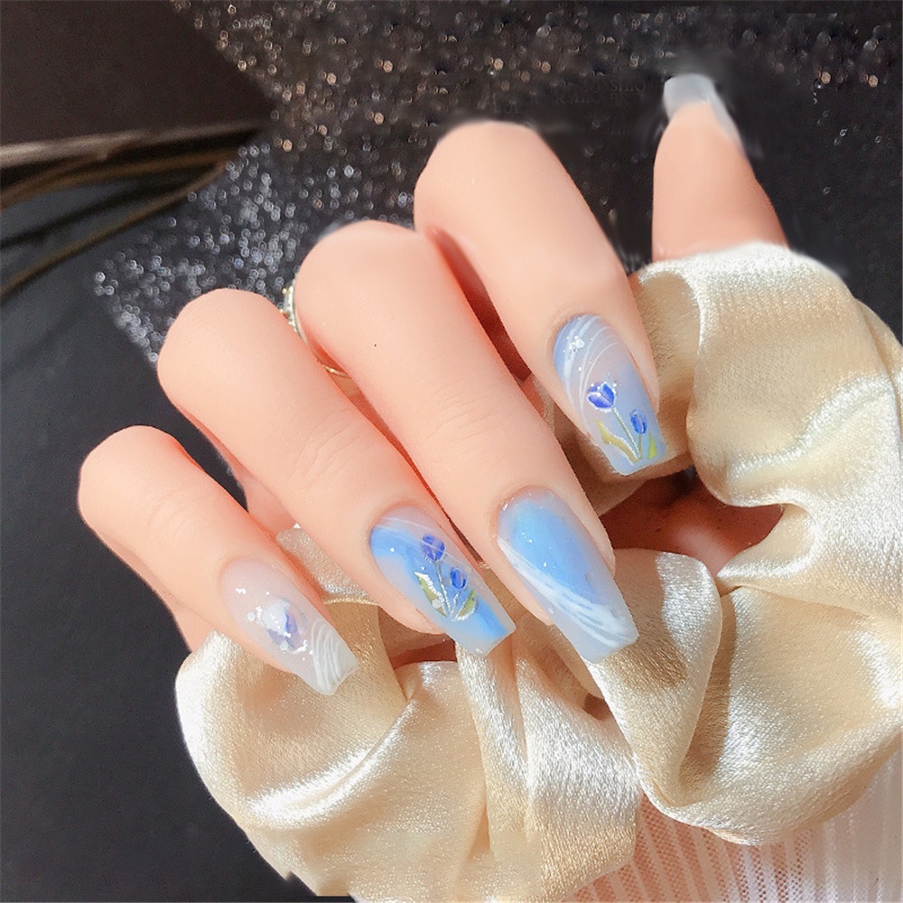 Bộ 3 Miếng Dán Trang Trí Móng Tay Chống Nước Tự Dính Họa Tiết Hoa Tulip Hồng Xanh Dương