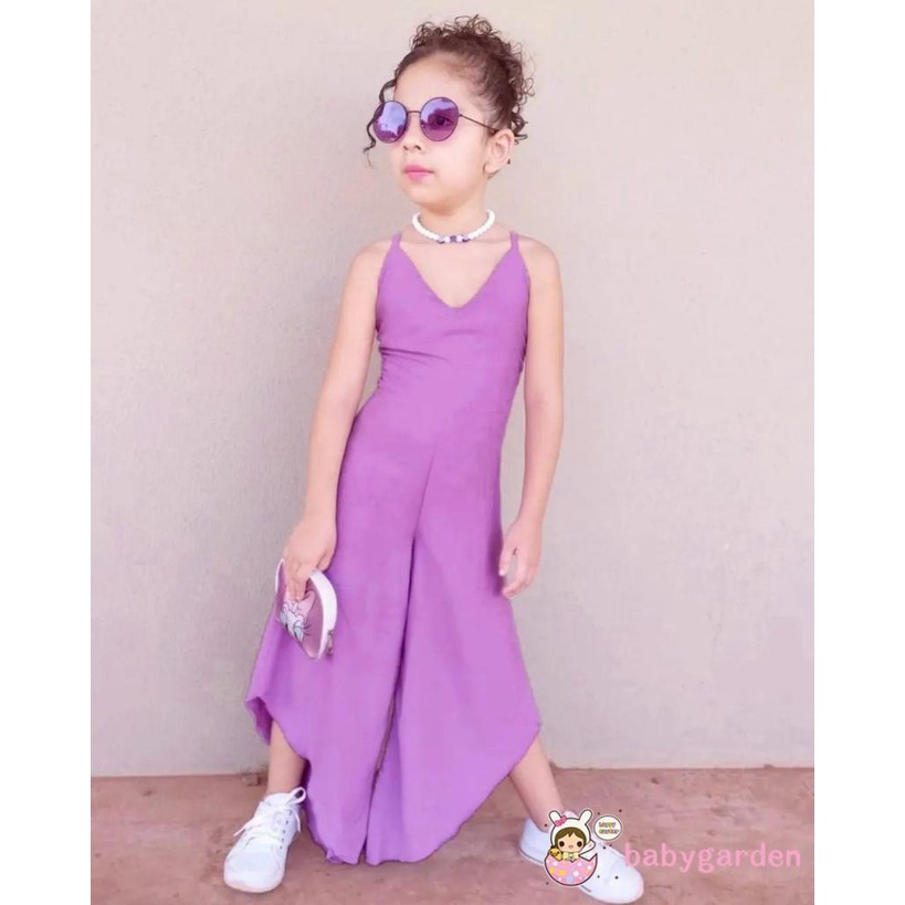 Áo liền quần Tay Loe Dài Cổ Chữ V Màu Trơn Thời Trang Mùa Hè Cho Bé Gái 1-6 Tuổi