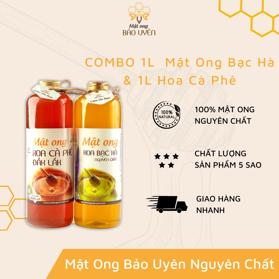 COMBO 2 Lít Mật Ong Nguyên Chất 100% Tự Nhiên Bảo Uyên Gồm 2 Loại Mật Ong Hoa Cà Phê Và Mật Ong Hoa Bạc Hà