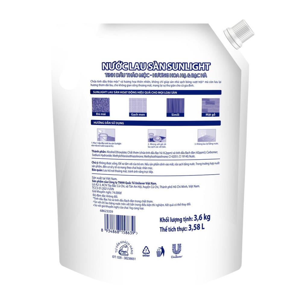 Nước lau sàn SUNLIGHT túi 3.6kg HOA HẠ & BẠC HÀ