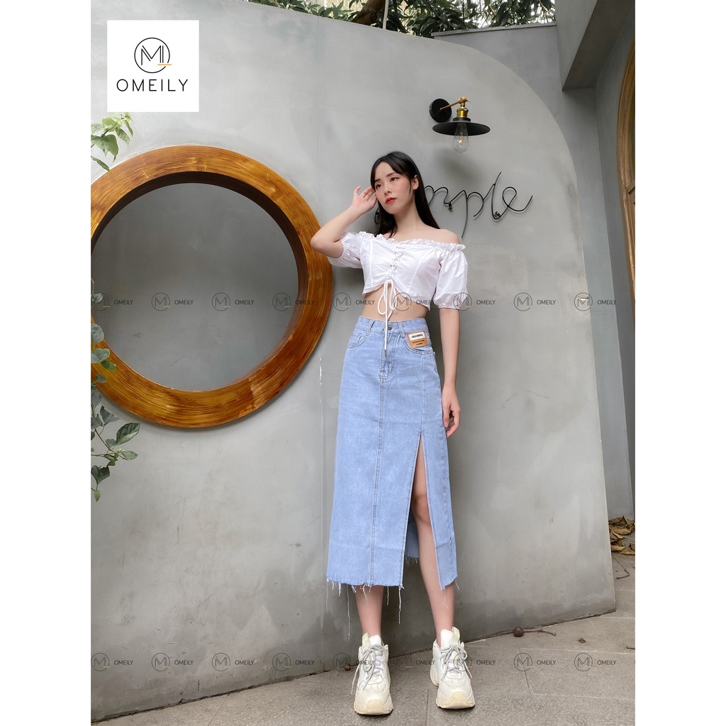 Chân váy Jeans xẻ tà cạp lưng cao chất liệu denim cao cấp Omeily | BigBuy360 - bigbuy360.vn