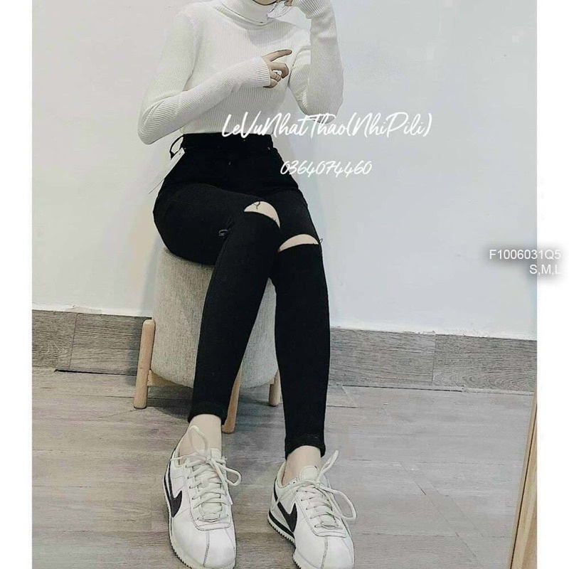Quần jean đen dài cắt xé hai gối đáy cao TT1006