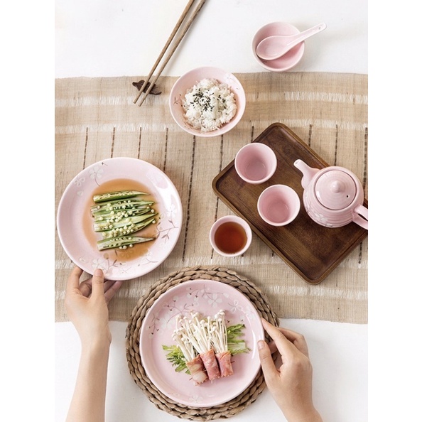 Bộ bát đĩa lẻ gốm Nhật màu hồng hoạ tiết hoa anh đào