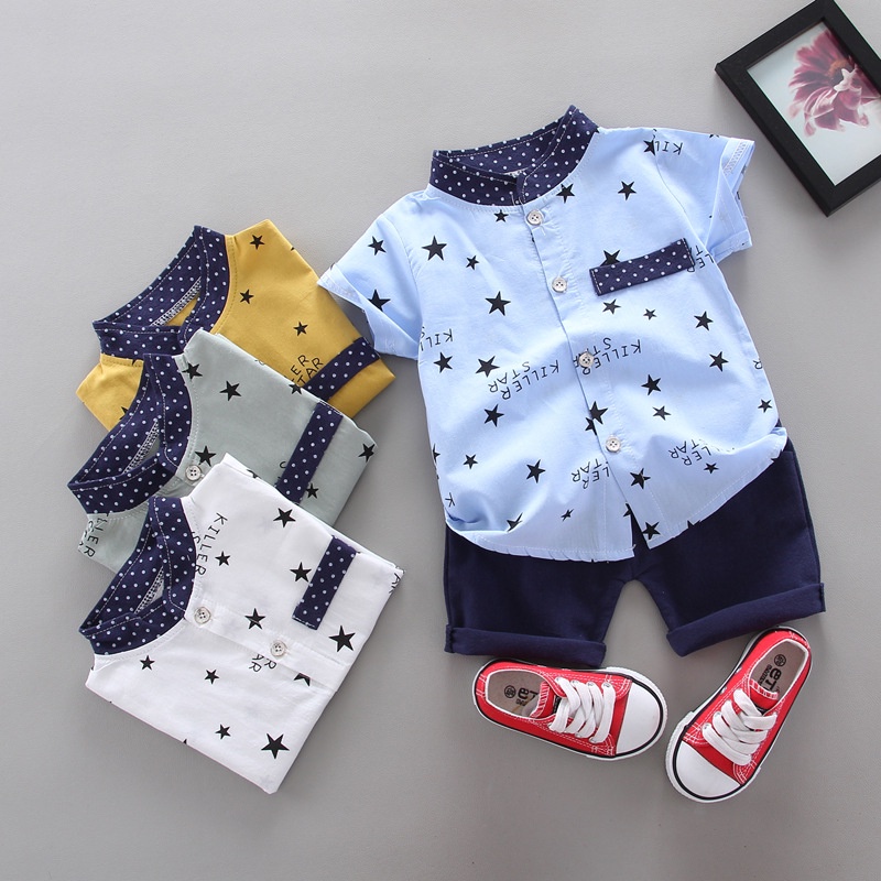 Bộ đồ 2 mảnh gồm áo sơ mi tay ngắn họa tiết ngôi sao và quần đùi thời trang dành cho bé từ 0-4 tuổi