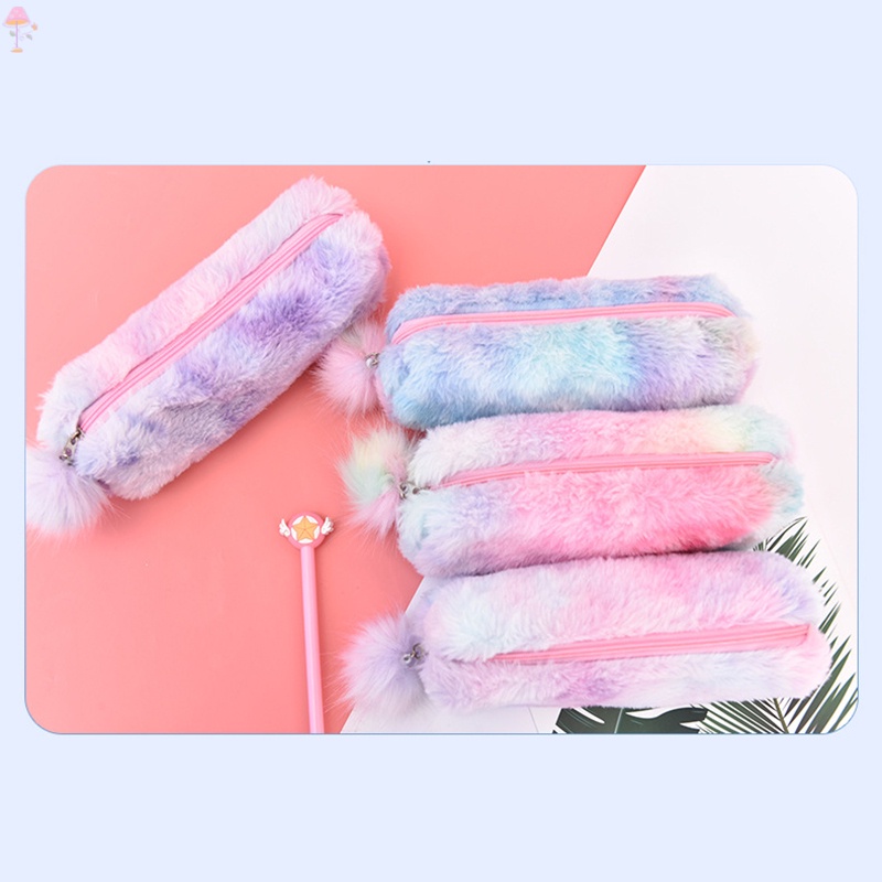 Túi Đựng Bút Hình Quả Bóng Lông Màu Sắc Gradient Dễ Thương Dành Cho Nữ