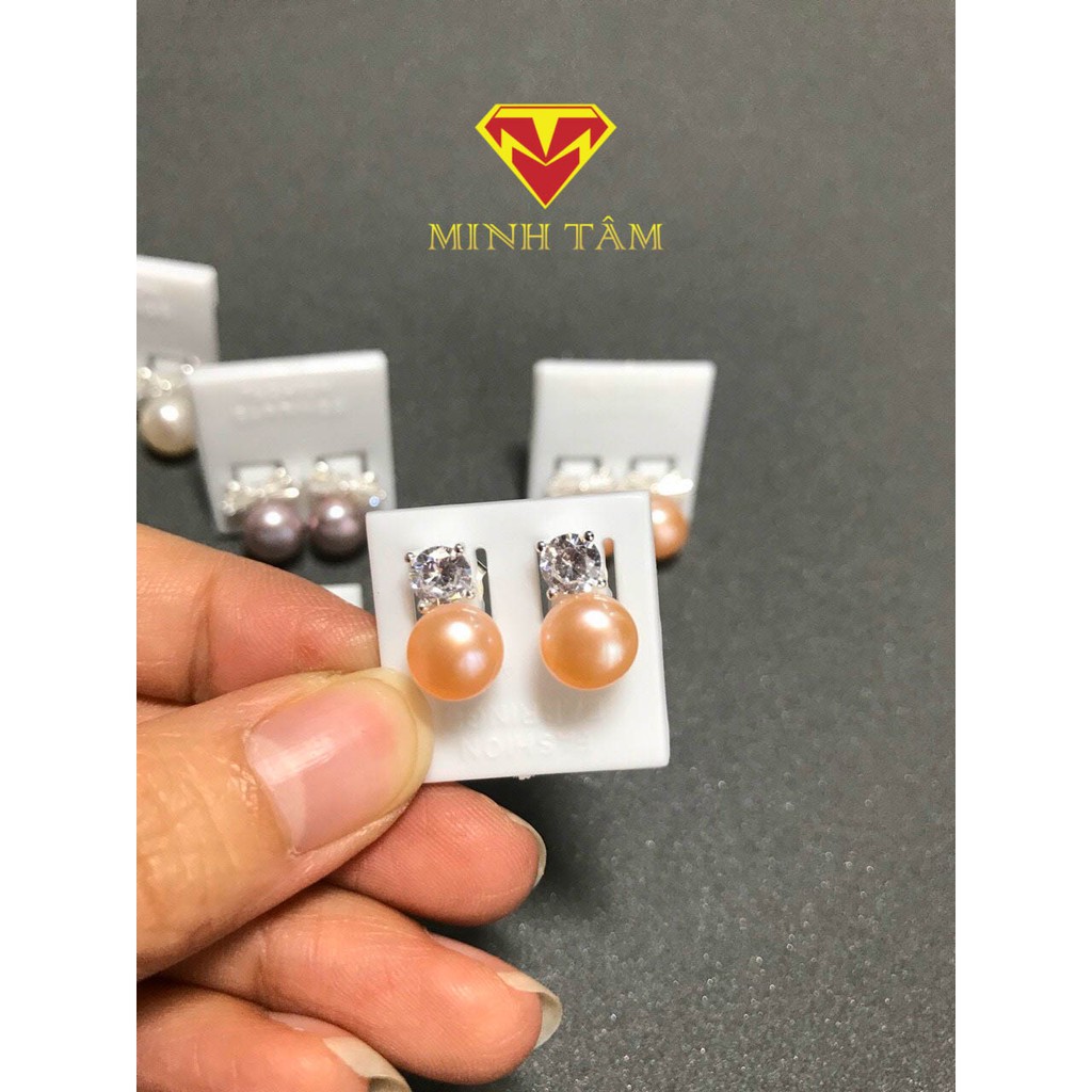 Bông tai bạc nụ đá Trai nuôi nước ngọt, Khuyên tai bạc Trai nuôi nước ngọt nụ gắn đá-Minh Tâm Jewelry