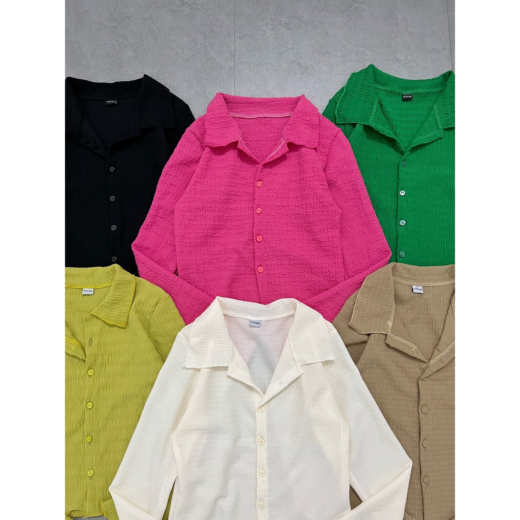 Áo croptop nữ tay dài HHVINTAGE kiểu polo nút cài Top A17