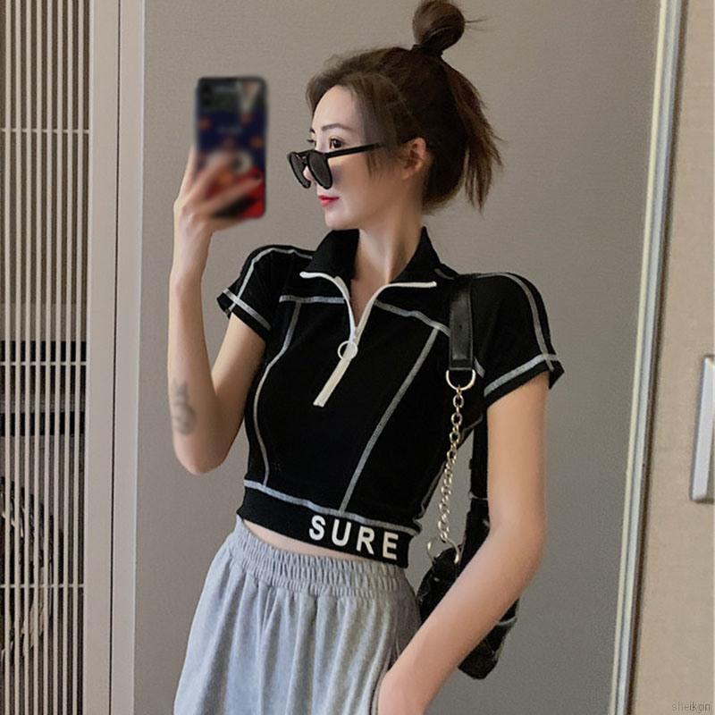 Áo Croptop Tay Ngắn Phối Khoá Kéo Phong Cách Hàn Quốc