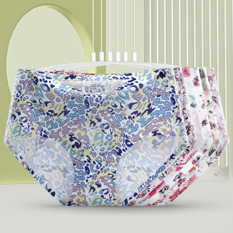 Quần Lót Lụa Lạnh Không Đường May Lưng Vừa Size Lớn In Họa Tiết Phong Cách Mới Dành Cho Nữ Sinh