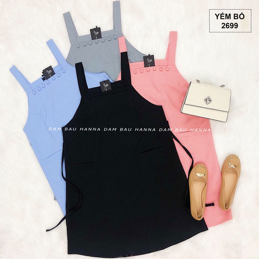[HANNA Size 40-80kg] Đầm bầu yếm rời công sở cao cấp thoáng mát váy yếm màu đen có big size 40-80kg đầm bầu dài tới gối