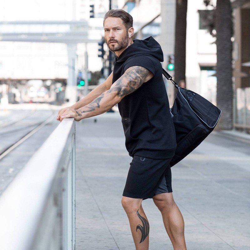 Áo hoodie thể thao chất liệu cotton tay ngắn thêu logo thời trang cho nam