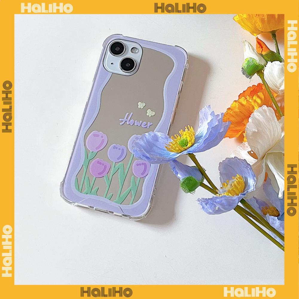 iPhone Case Acrylic Reflective Mirror Airbag Shockproof Protection Camera Purple Tulip Flower Compatible with iPhone 11 iPhone 13 Pro Max iPhone 12 Pro Max iPhone 7 Plus iPhone xr