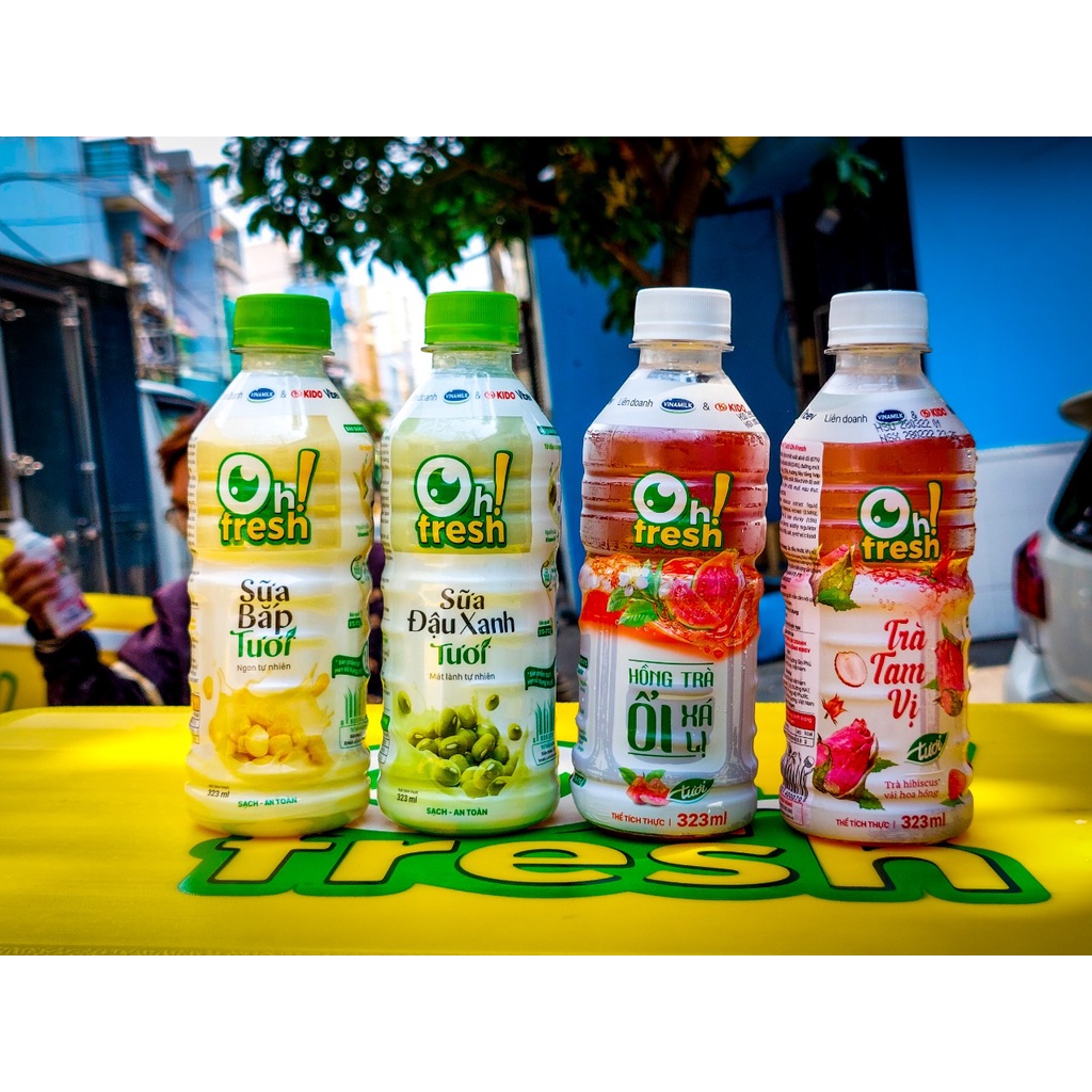 Sữa Bắp Tươi, Sữa Đậu Xanh Tươi, Hồng Trà Ổi Xá Lị, Trà Tam Vị Oh! Fresh chai 323ml