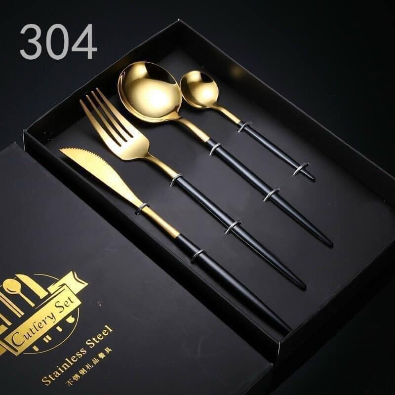 Set 4 món dao dĩa thìa inox mạ vàng cao cấp phong cách hoàng gia