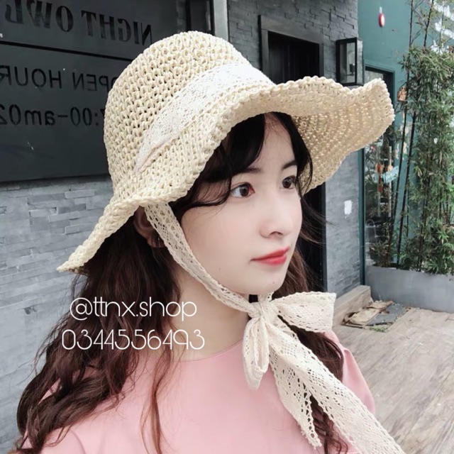 Mũ cói vành mềm buộc nơ ren