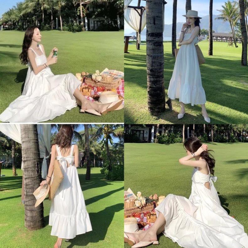 Váy maxi đi biển hở lưng / Đầm maxi trắng dài thắt nơ sẵn hàng kèm video *