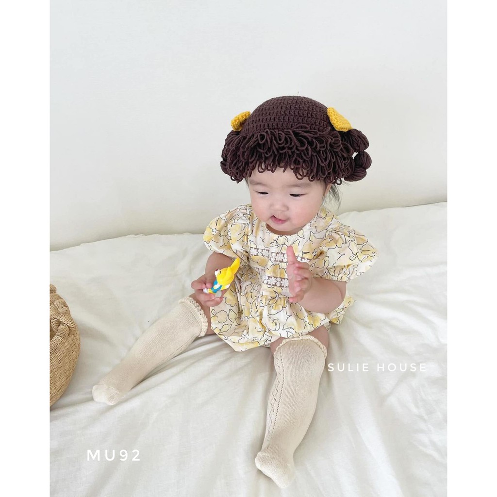 Mũ len tóc giả 2 bím cho bé - MU92