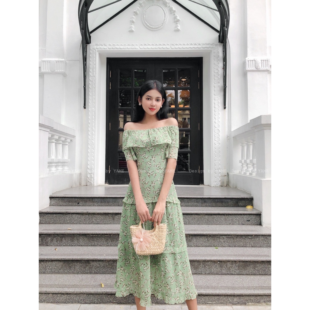 Váy hoa nhí xanh trễ vai chất tằm cao cấp 2 lớp đi du lịch YAME