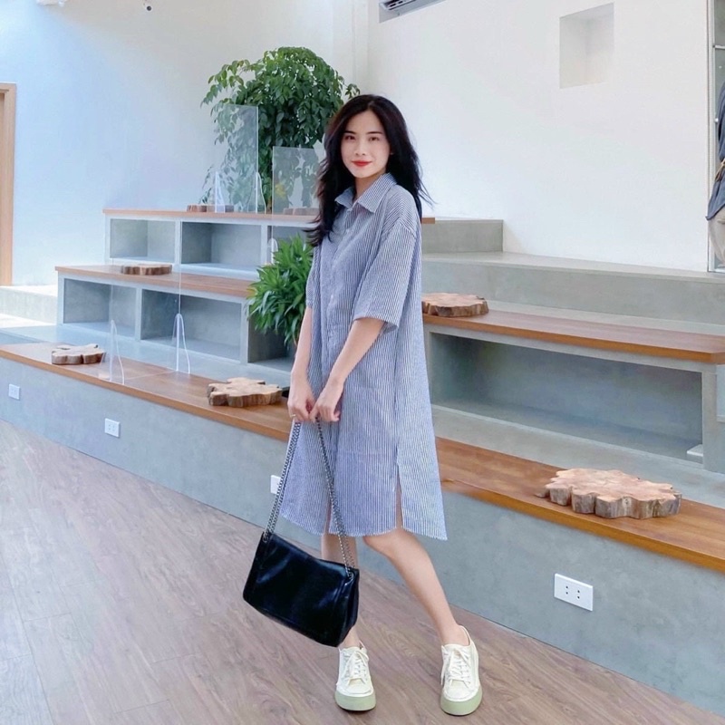 Đầm váy sơ mi suông sọc xanh