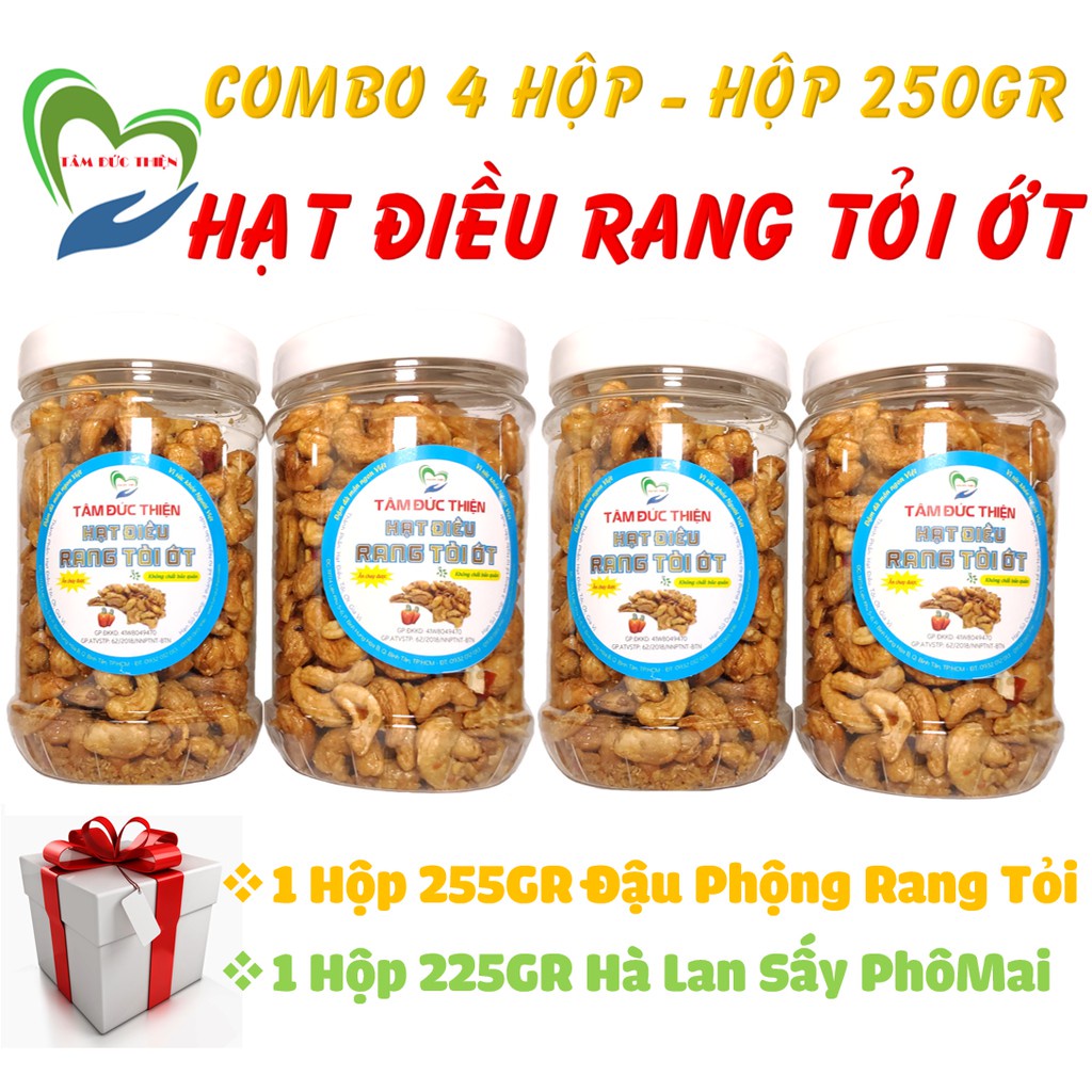 Combo 1KG Hạt Điều Rang Tỏi Ớt[Nguyên Liệu Sạch]+ 2 Hộp:Đậu Phộng Rang Tỏi 255GR &amp; Đậu Hà Lan Phô Mai Tâm Đức Thiện