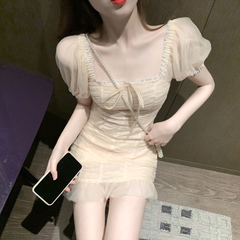 Váy nhún eo cổ vuông tay bồng phối ren tiểu thư xinh xắn đi chơi có ảnh thật