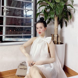 ÁO YẾM TƠ 2 LỚP THẮT NƠ LỆCH CỔ XẾP LY