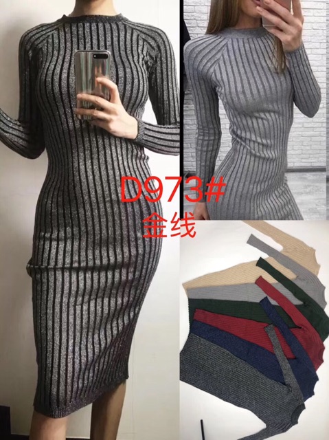 Đầm (váy) len tăm nhũ body cổ tròn (~110cm)