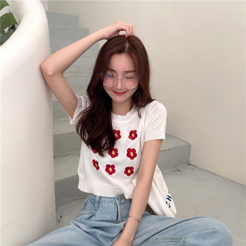 Áo thun NZN tay ngắn cổ tròn thêu hoa dành cho nữ