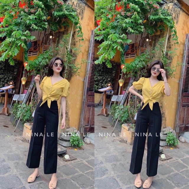 Set quần ống suông áo cột nơ vàng