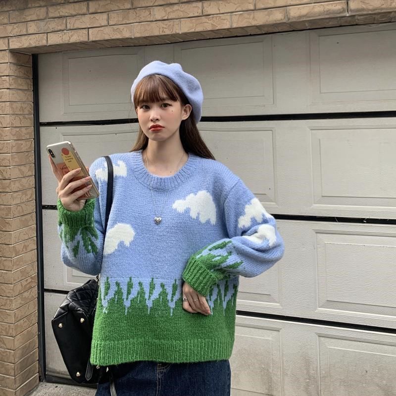 Áo sweater Cổ Tròn Dáng Rộng Ấm Áp Xinh Xắn Cho Nữ Mùa Đông