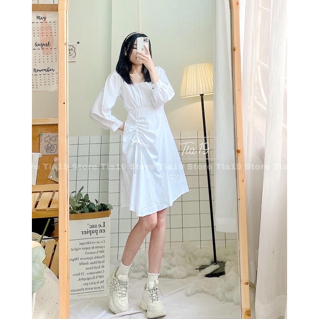 Váy cổ vuông xếp ly rút dây dài tay Tia19 . Đầm dài đỏ Tết dáng xoè ulzzang