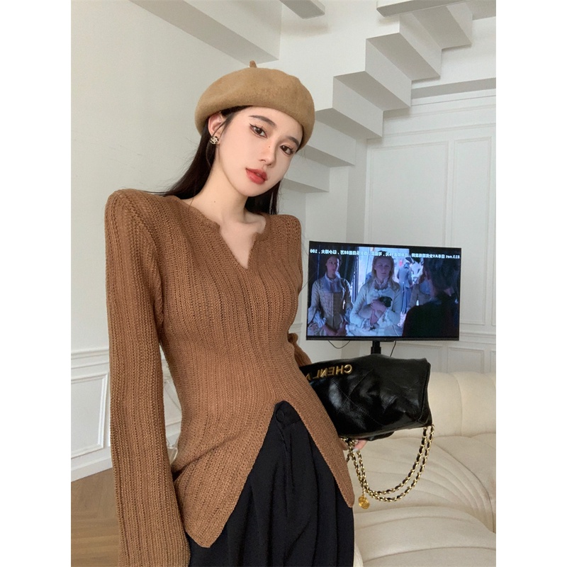 Áo Dệt Kim Tay Dài Cổ Chữ V Màu Trơn Thời Trang Mùa Thu Phong Cách Hàn Quốc