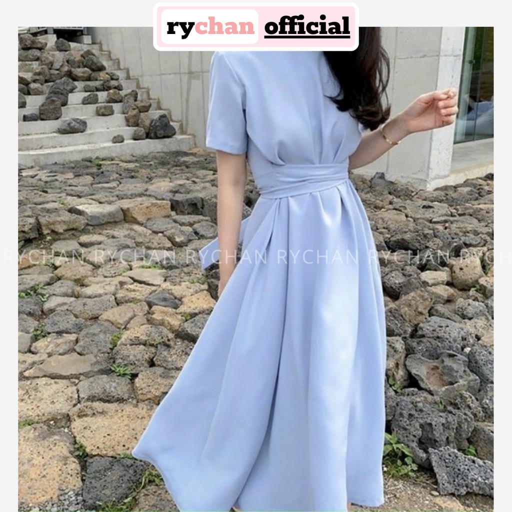 [ẢNH THẬT CUỐI] Đầm Nữ Đi Du Lịch Dáng Xòe Cổ Tròn Tay Ngắn Chéo Eo Đơn Giản Thoải Mái Màu Xanh Biển - DX9923