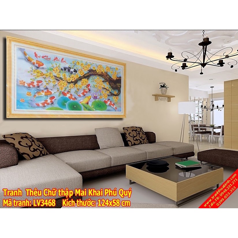 Tranh thêu mai khai phú quý KT:124x58cm,tranh chưa thêu.Tặng kéo và xỏ chỉ.