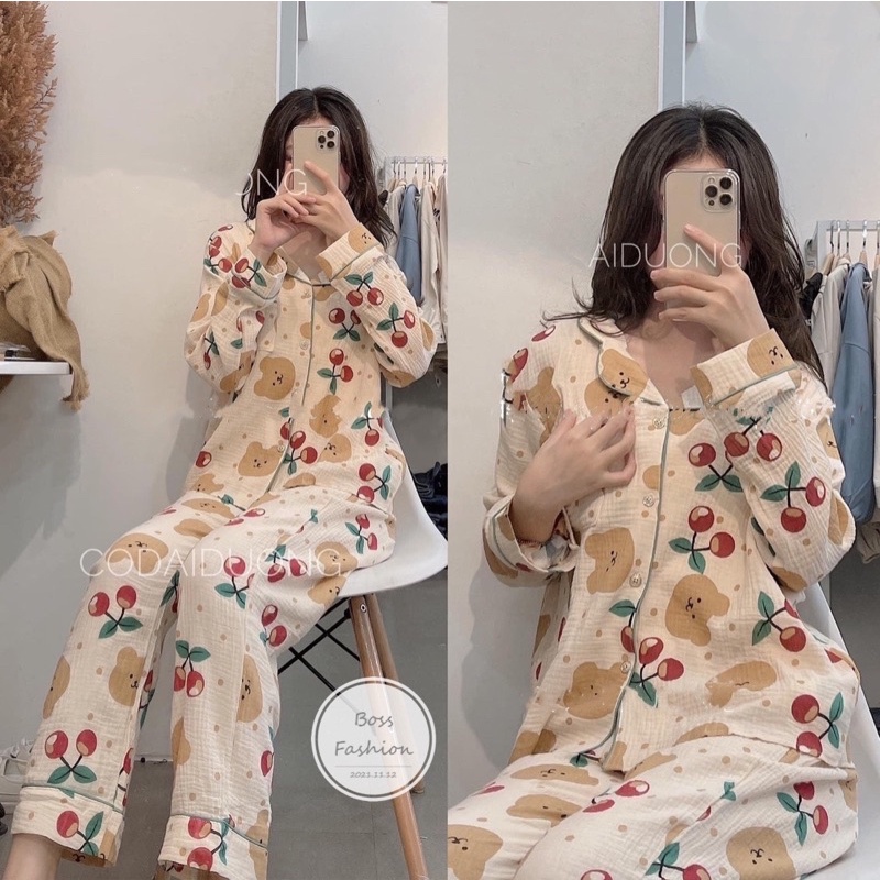 Bộ Ngủ Pijama Dài Tay Gấu Mix Cherry Nữ Form Rộng