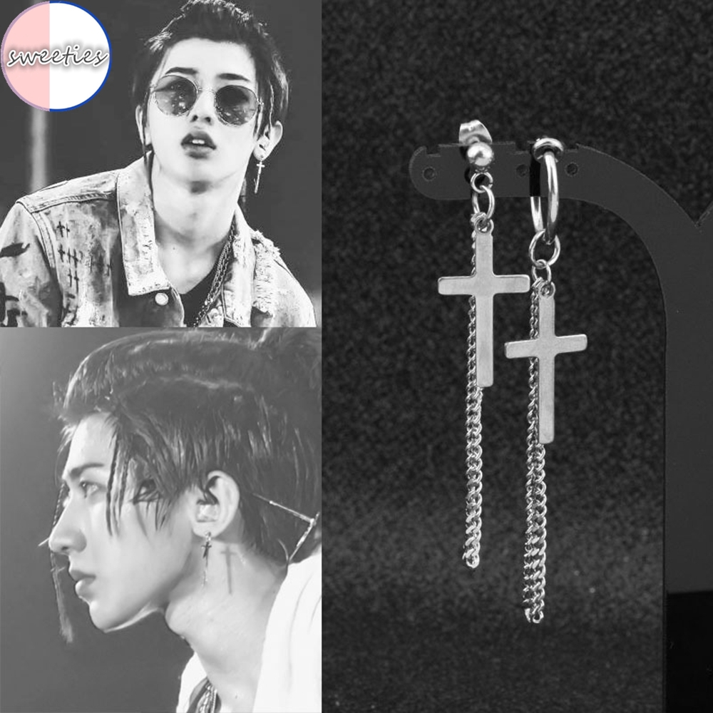 Khuyên Tai / Khuyên Kẹp Vành Tai Kim Loại Dáng Dài Phối Hình Thánh Giá Cá Tính