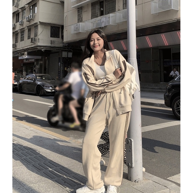 Bộ Áo Khoác Nỉ Quần Culottes Logo Ngực Chạy Sọc 🦋 Set Quần Áo Dài Tay Dáng Thể Thao 2 Màu 🦋