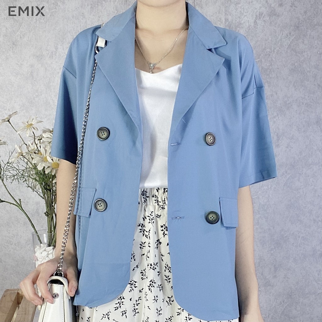 Áo khoác cổ vest EMIX (màu xanh), blazer, không có túi, cộc tay, form rộng, dáng dài, chất trượt hàn mềm mịn