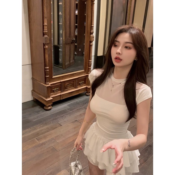 DORÉE -  Set áo lưới ôm + váy xoè xếp ly