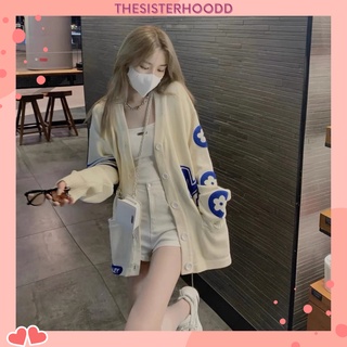 Áo Khoác Cardigan Len Màu Trắng Be Cùng Hoạ Tiết Xanh Freesize Dài 70 Ngực 126 [Thesisterhoodd order taobao]