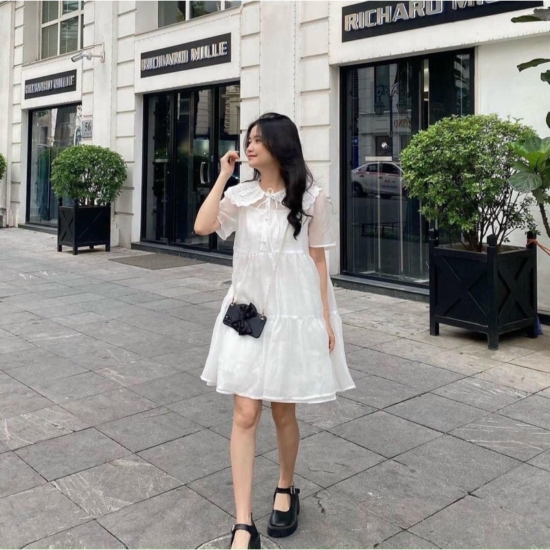 Váy babydoll cổ thêu 2 lớp tiểu thư, Váy trắng công chúa dáng xòe đi tiệc đi chơi đẹp  (TTA116)