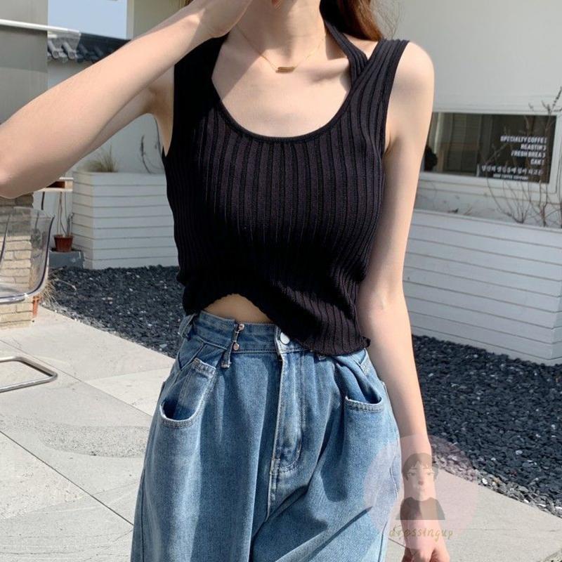 Dre- Áo Ba Lỗ Ôm Dáng Cổ Yếm Màu Trơn Mùa Hè Màu Xanh Lá / Xanh Hoàng Gia / Đen Cho Nữ