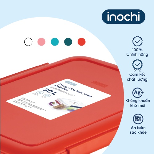 Thùng thực phẩm Inochi - Hokkaido 30L Thân Trắng trong+Nắp Xanh/Đỏ/Hồng/Trắng
