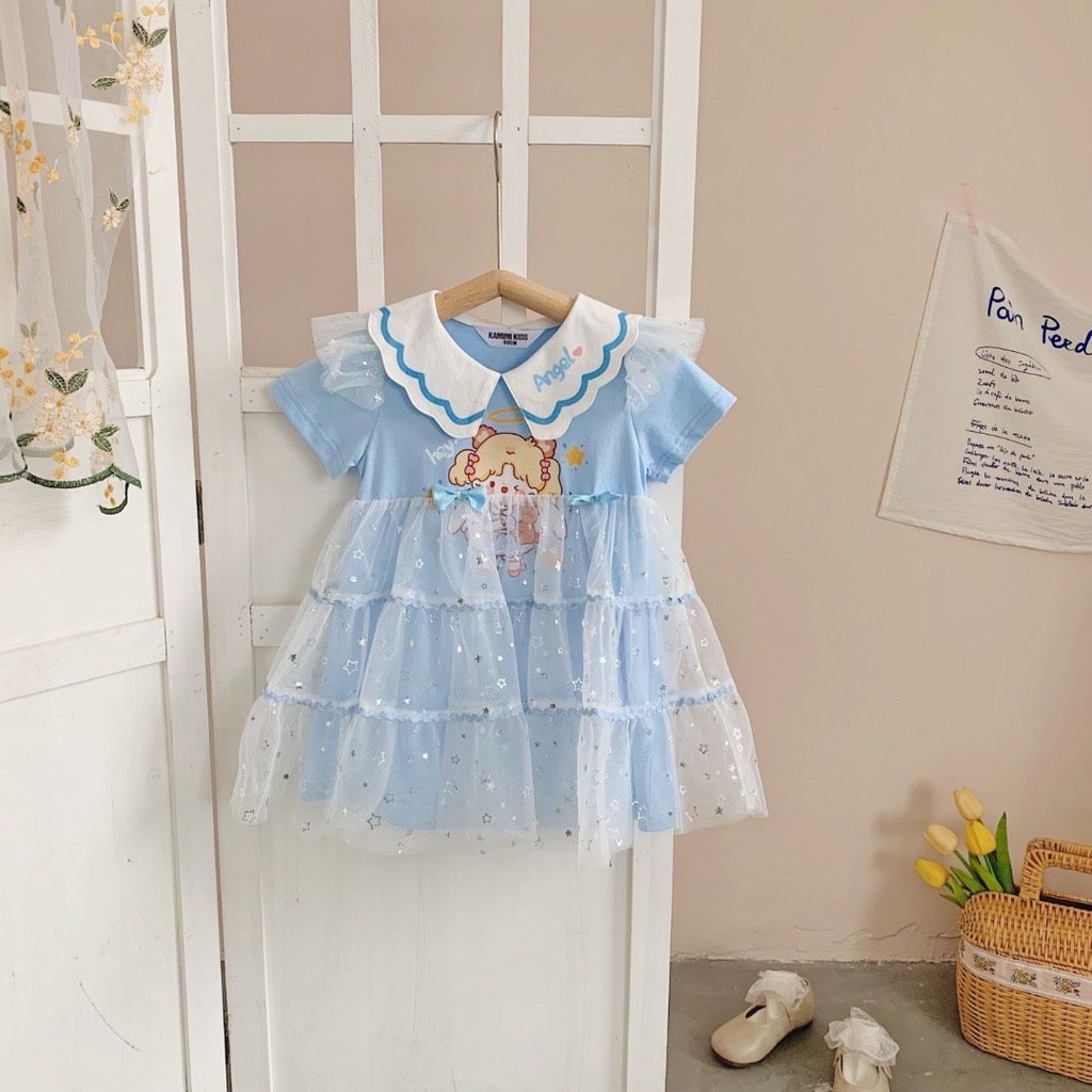 Đầm Công Chúa Tay Ngắn Phối Lưới In Hoạt Hình Kiểu Hàn Quốc Thời Trang Mùa Hè Cho Bé Gái