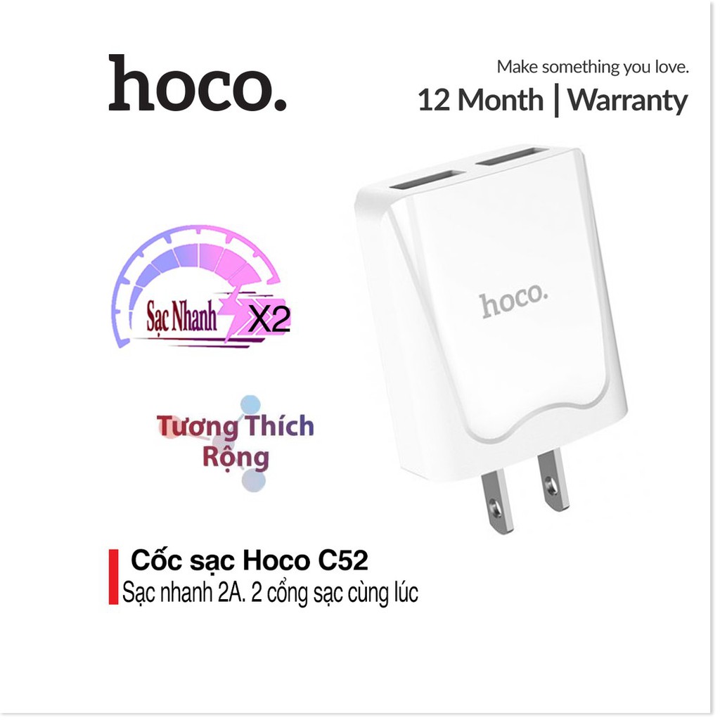 Cốc sạc nhanh 2 cổng sạc Hoco C52/C52A sạc nhanh 2.1A, chân sạc chuẩn USA, chất liệu PC siêu bền, chống cháy nổ  - Smart