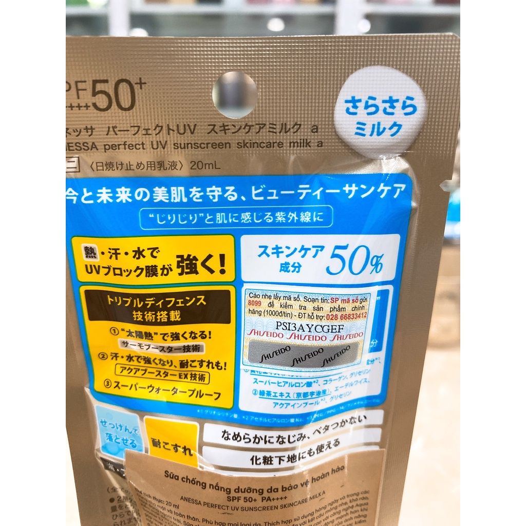 Sữa Chống Nắng Anessa Dưỡng Da Bảo Vệ Hoàn Hảo Perfect UV Sunscreen Skincare Milk SPF50+/PA++++ 20ml