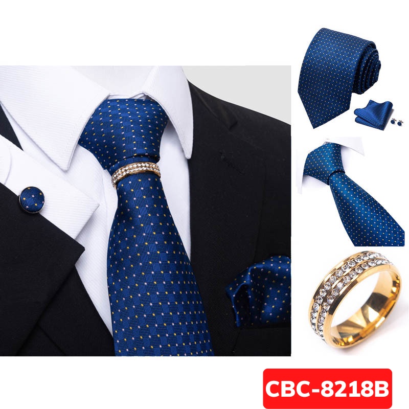 Bộ Cà vạt 4 món gồm Cavat 8cm, khăn cài túi, Măng-set, Nhẫn tròn phụ kiện, Cravat chú rể, Calavat công sở CBC-8218