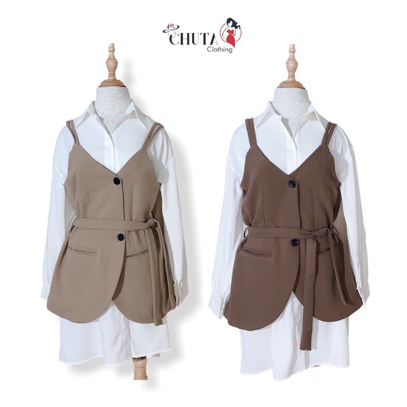 Set sơmi váy mix vest yếm kèm đai SANG CHẢNH